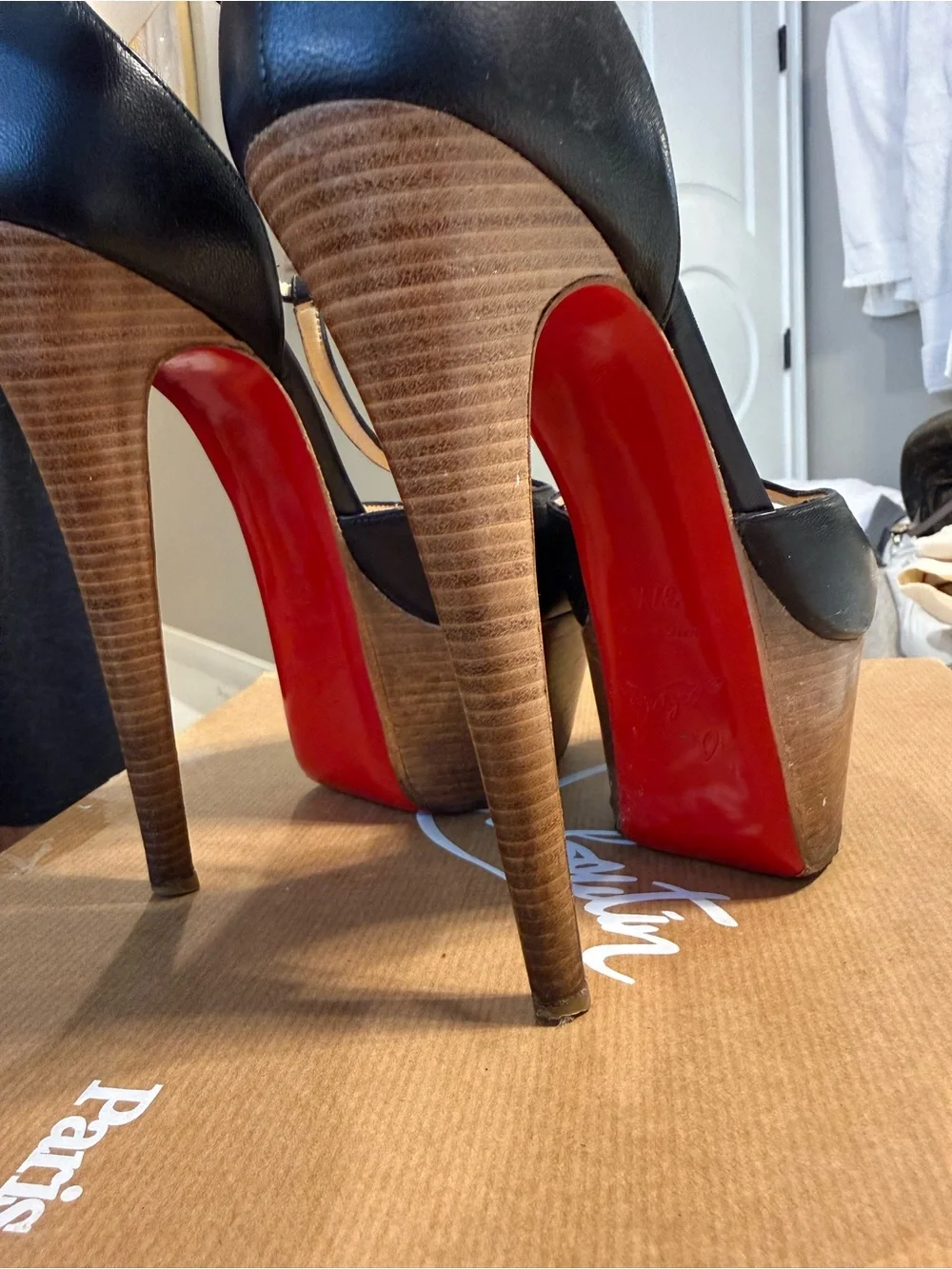 Christian Louboutin Black Leather Peep-Toe Platform Sandals